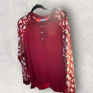LuLaRoe Mark Henley Shirt 2XL Red With White Christmas Tree Long Sleeve NWT